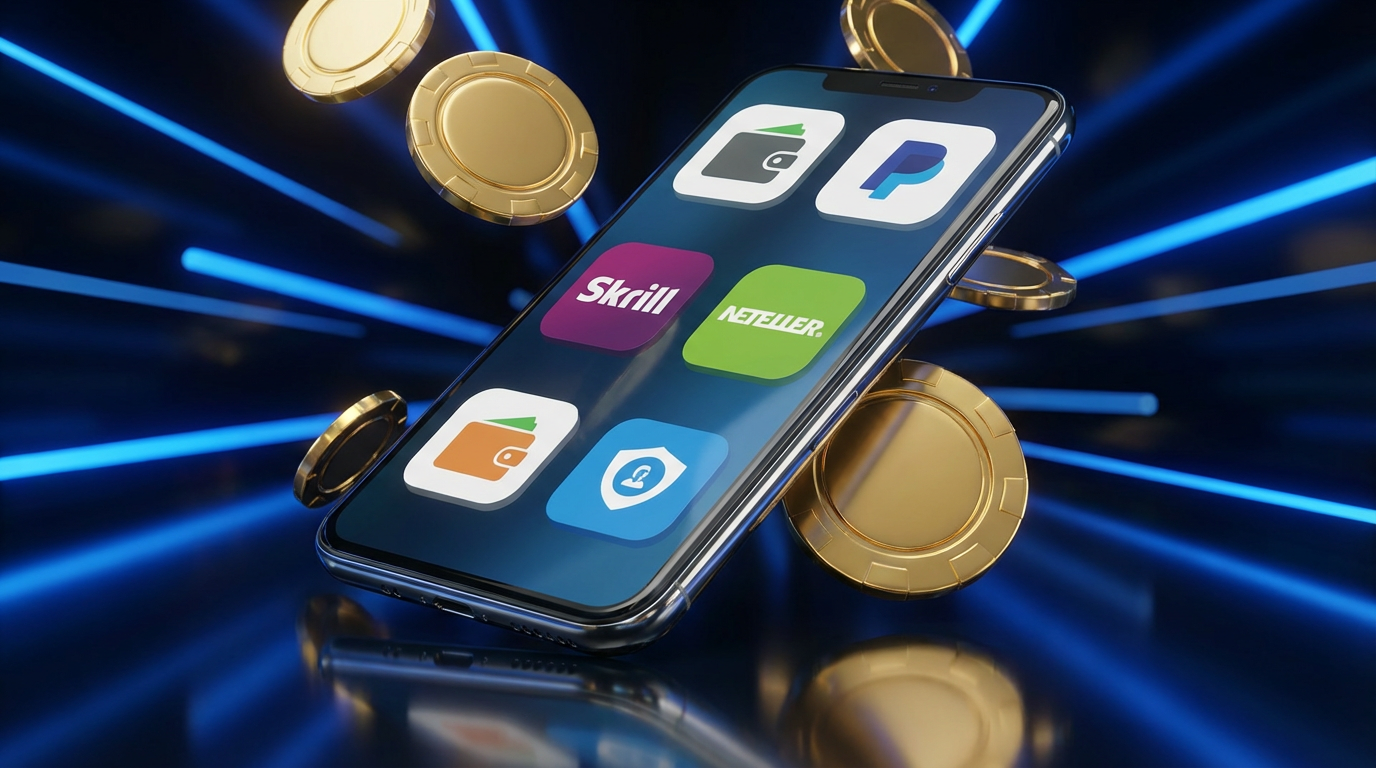 Grafika przedstawiająca smartfon z ikonami różnych portfeli elektronicznych i złotymi żetonami kasynowymi