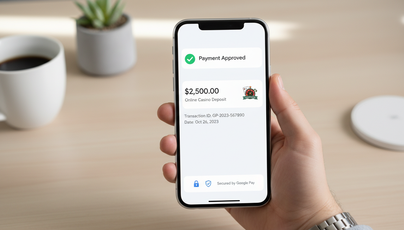 Smartphone displaying Google Pay confirmation screen for a casino deposit