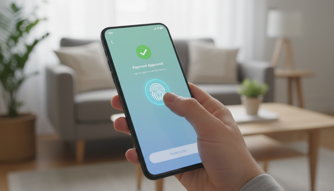 Smartphone displaying a secure payment confirmation screen with biometric authentication