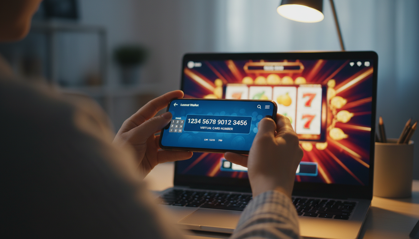 Osoba trzymająca smartfon z logiem Paysafecard przed ekranem komputera z grą kasynową