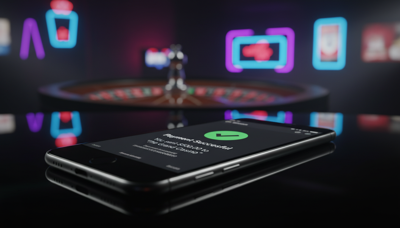 Nowoczesny smartfon z otwartym portfelem PayPal na tle kasynowych neonów